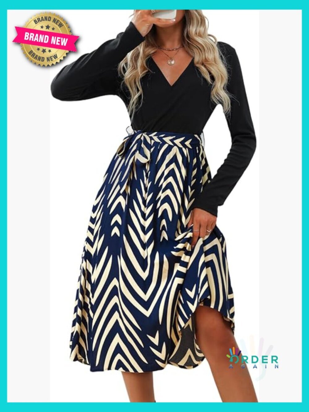 Long Sleeve A-Line Midi Dress V-Neck Tie Waist Wrap Geometric Print Panel Casual